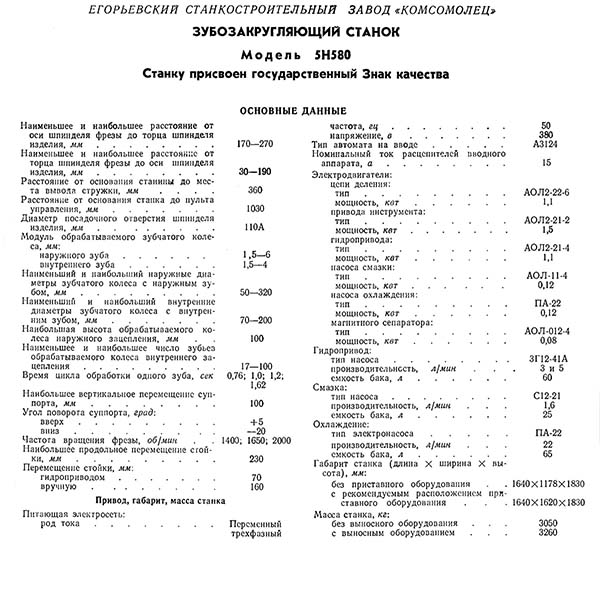 Технічні характеристики зубозакругляющего верстата 5Н580